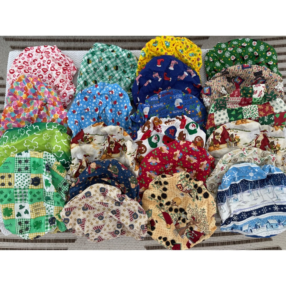 Lot of 21 Scrub Hats Nurse Bonnet Medical Caps Holiday Seasonal Prints CNA MD